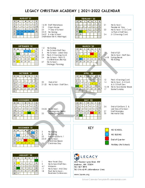 Calendar Legacy Christian Academy