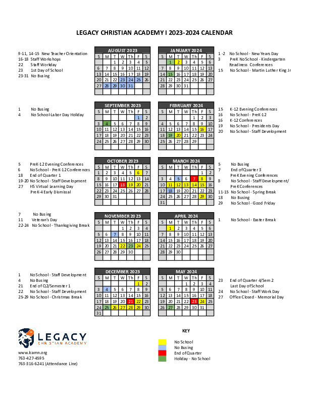 Calendar Legacy Christian Academy