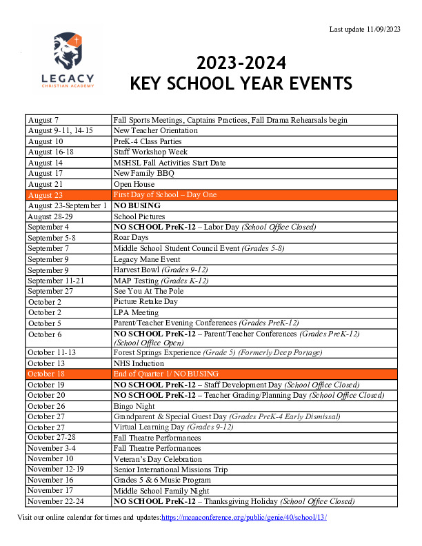 Calendar Legacy Christian Academy